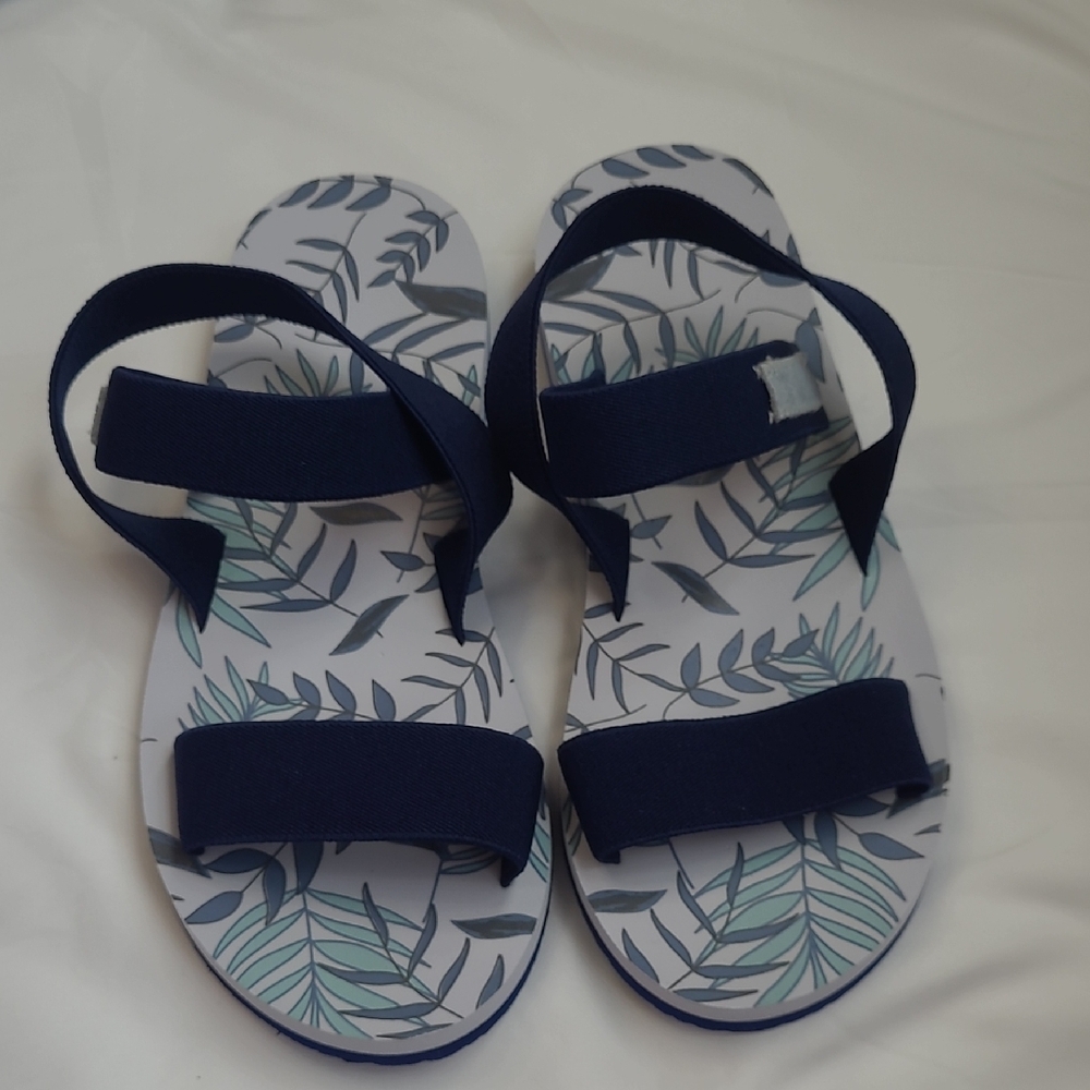 Leaf Print Sandals with Navy Straps